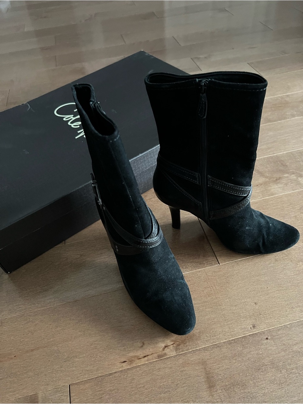 Cole Haan Black Suede Leather Buckle Mid-Calf Heeled Boots 7B 7